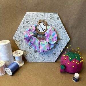 Handmade Watercolor Hearts Scrunchie with matching Flower Earrings